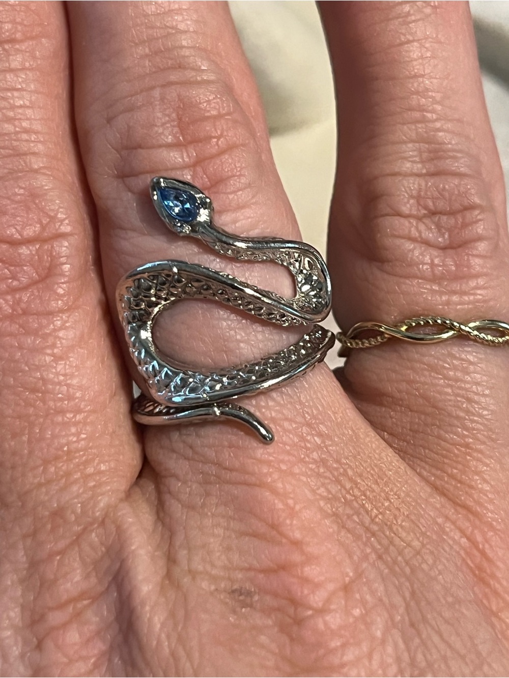 Silver Snake Ring with Blue Accent - - Picture 3 of 4